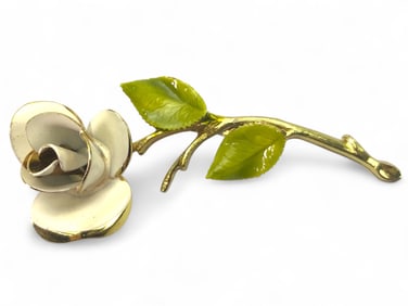 Vtg Goldtone Enamel Rose Brooch 2.5 Long