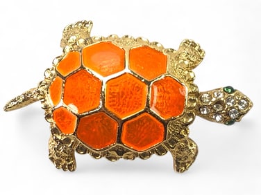 Goldtone Enamel Rhinestone Turtle Brooch