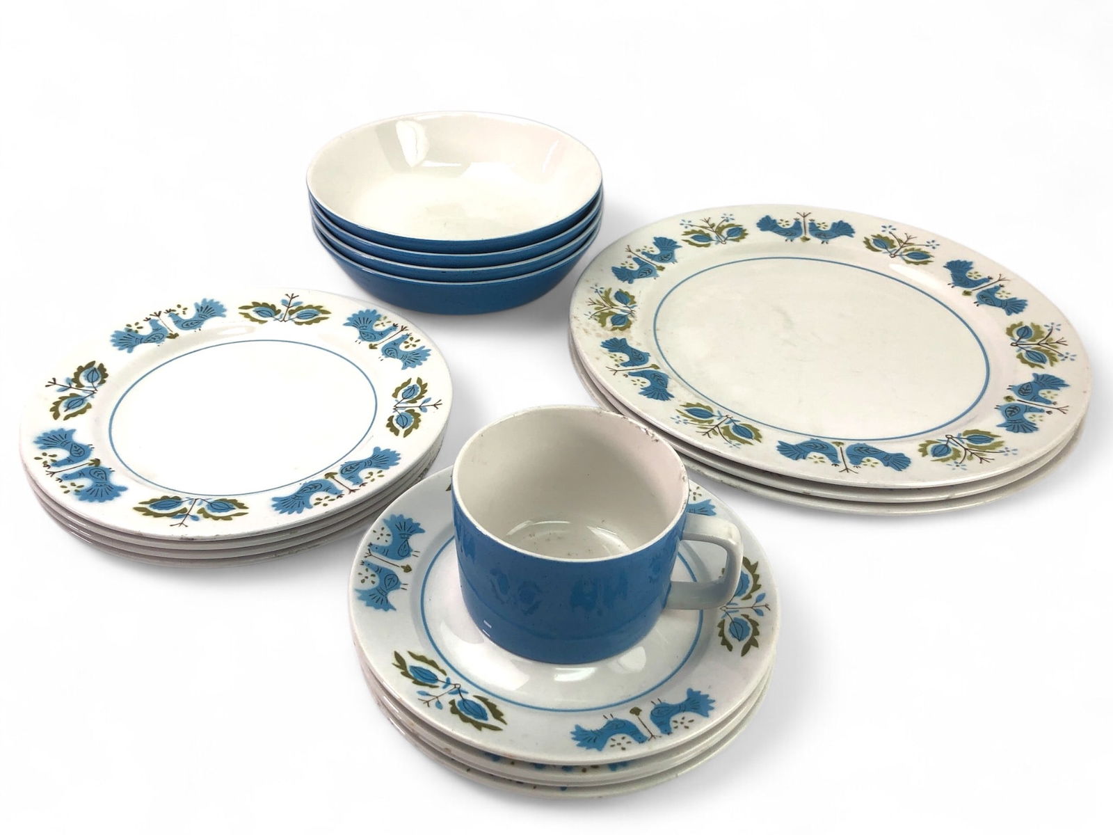 RARE 16pc Mikasa Mediterrania Blue Bird & Forget Me Not Set: Rare 16-piece Mikasa Mediterrania Blue Bird & Forget Me Not Blue dinnerware set. Includes 4 salad plates (7 5/8 in.), 4 bowls (6 3/4 in.), 3 dinner plates (10.5 in.), 1 teacup (2.5 in. tall), and 4 sa