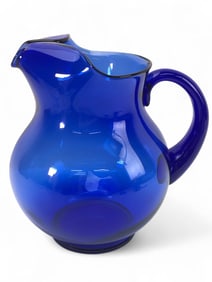 Vtg Cobalt Blue Glass Pitcher 9 3/4 Tall