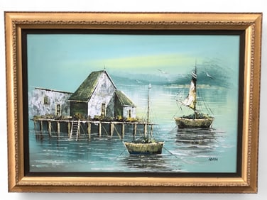 Signed Adam Original Oil Painting Of Fishing Boat