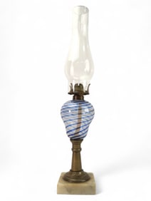 Vtg Latticino Oil Lamp With Marble Slab Base