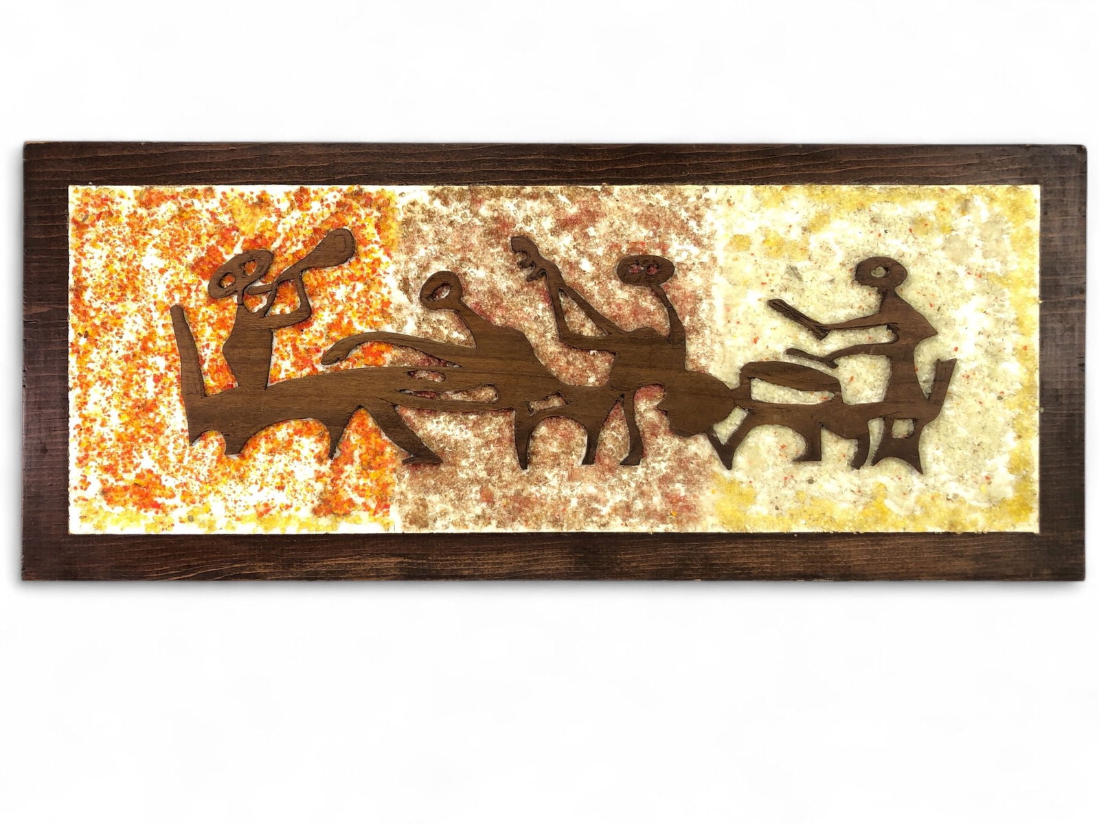 Rare MCM Pebble Art With Jazz Band: Mid-century modern pebble art depicting a jazz band on a wood cutout panel. The artwork measures 23 x 9.5 inches and features vibrant textured hues with carved musicians. The piece has a sturdy wood b