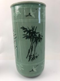 Korean Celadon Crackle Glaze Vase With Bamboo