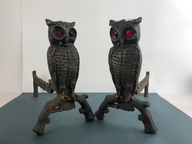Cast Iron Owl Andirons With Red Glass Eyes