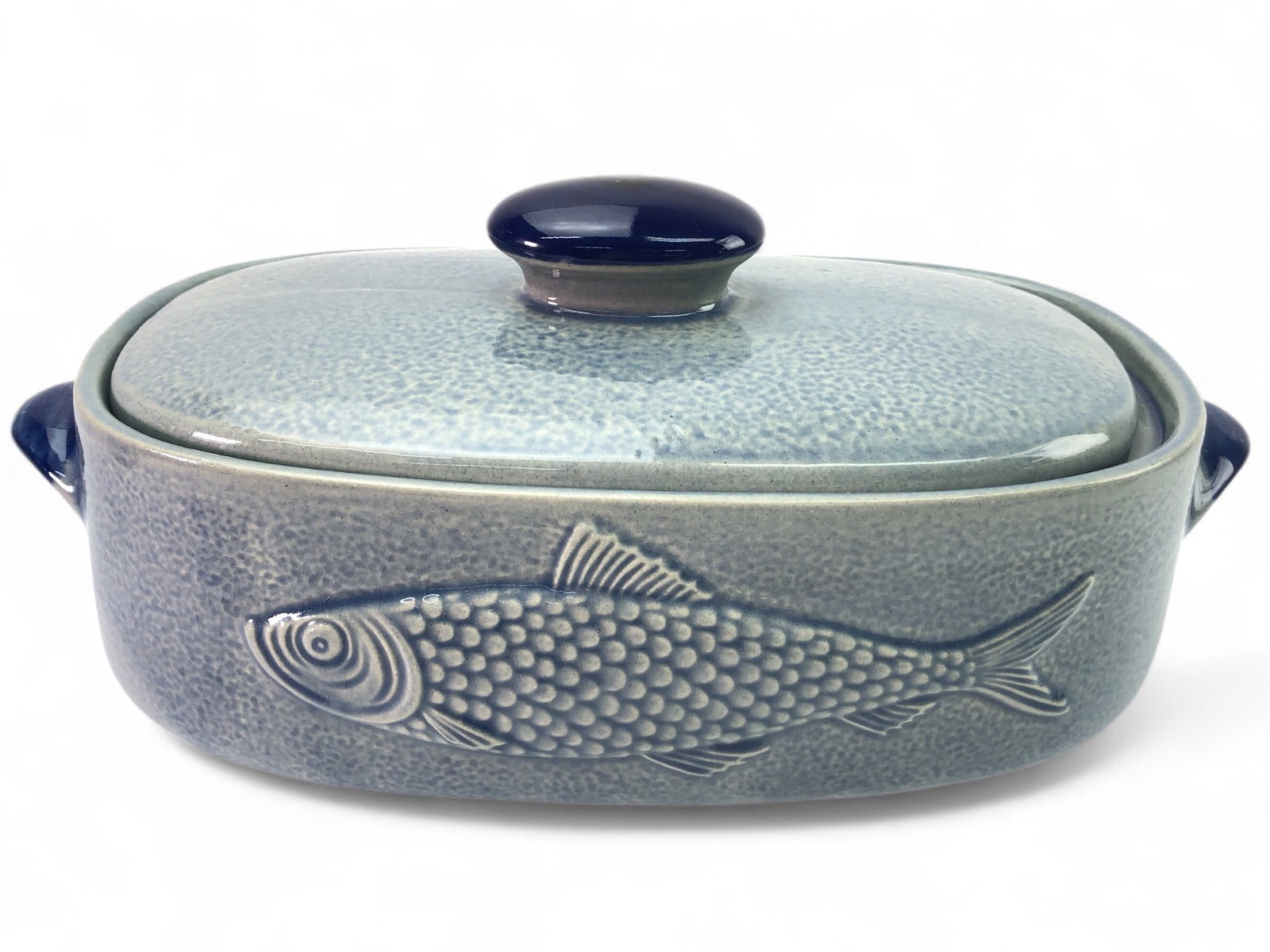 MCM Marzi And Remy Stoneware Fish Terrine: Mid-century modern Marzi and Remy stoneware fish terrine or herring pot with lid. Features detailed fish motif on the exterior and stamped on base with '3067' and 'MR' maker's mark. Measures approxima