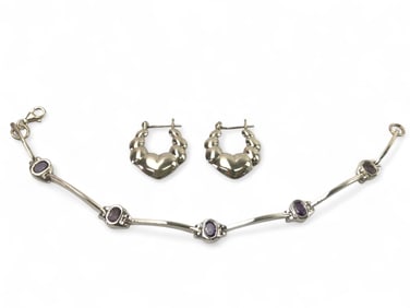 Sterling Amethyst Bracelet & Hoop Earrings