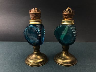 Antique Blue Glass & Brass Oil Lamps