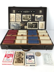 Vintage Poker Set With Chips And Ephemera