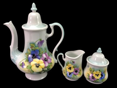Floral Teapot With Creamer & Sugar Bowl