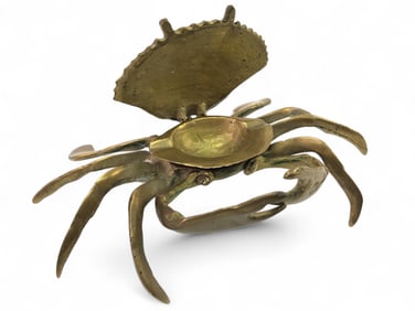Vtg Brass Crab Ashtray With Hinged Lid