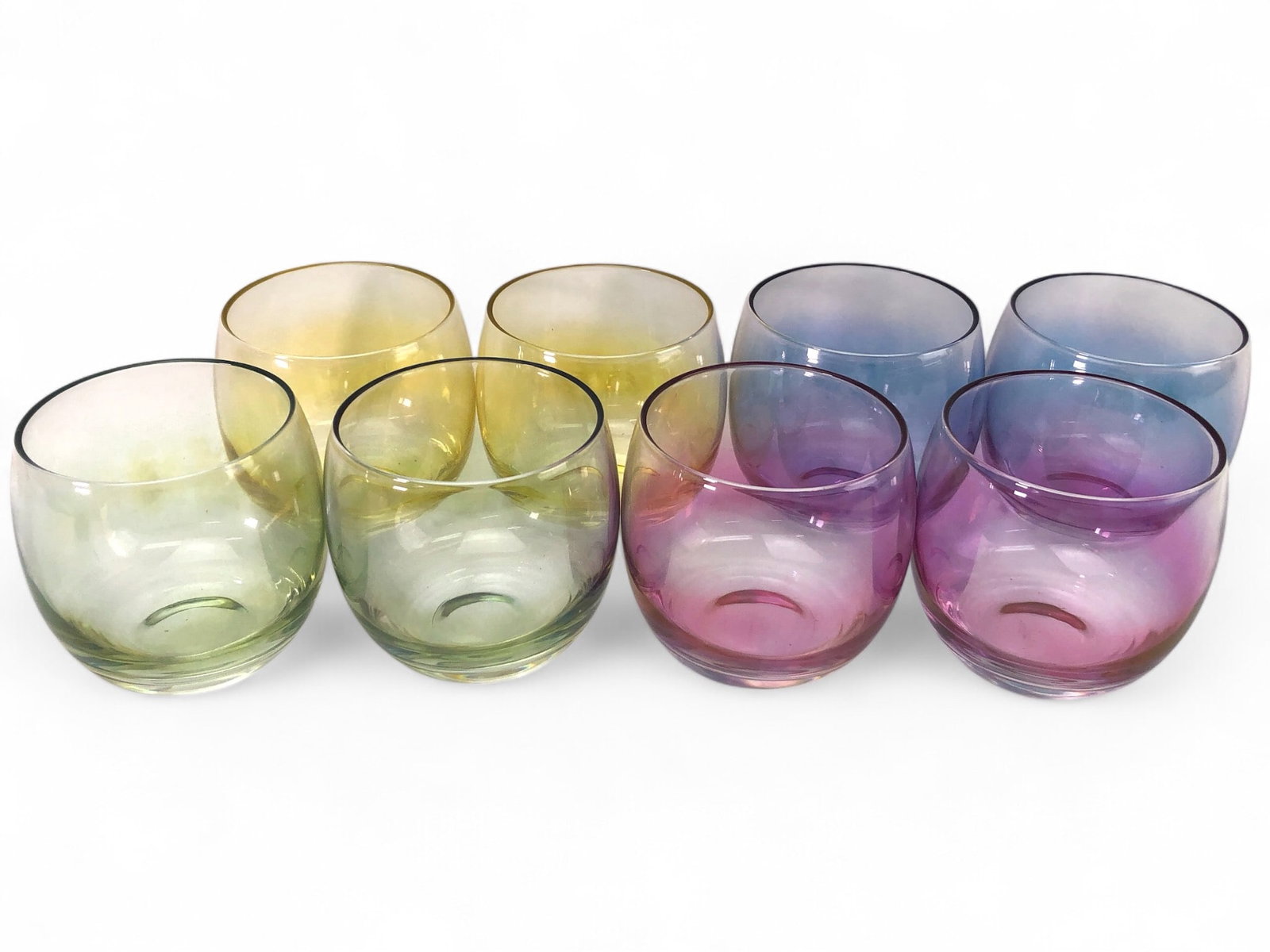 Vtg Libbey Multicolor Iridescent Roly Poly Glasses: 8 vintage Libbey multicolor iridescent roly poly glasses, each approximately 3.25 inches tall. Includes pink, green, yellow & blue hues. Glasses display a shiny iridescent finish, adding to their appe