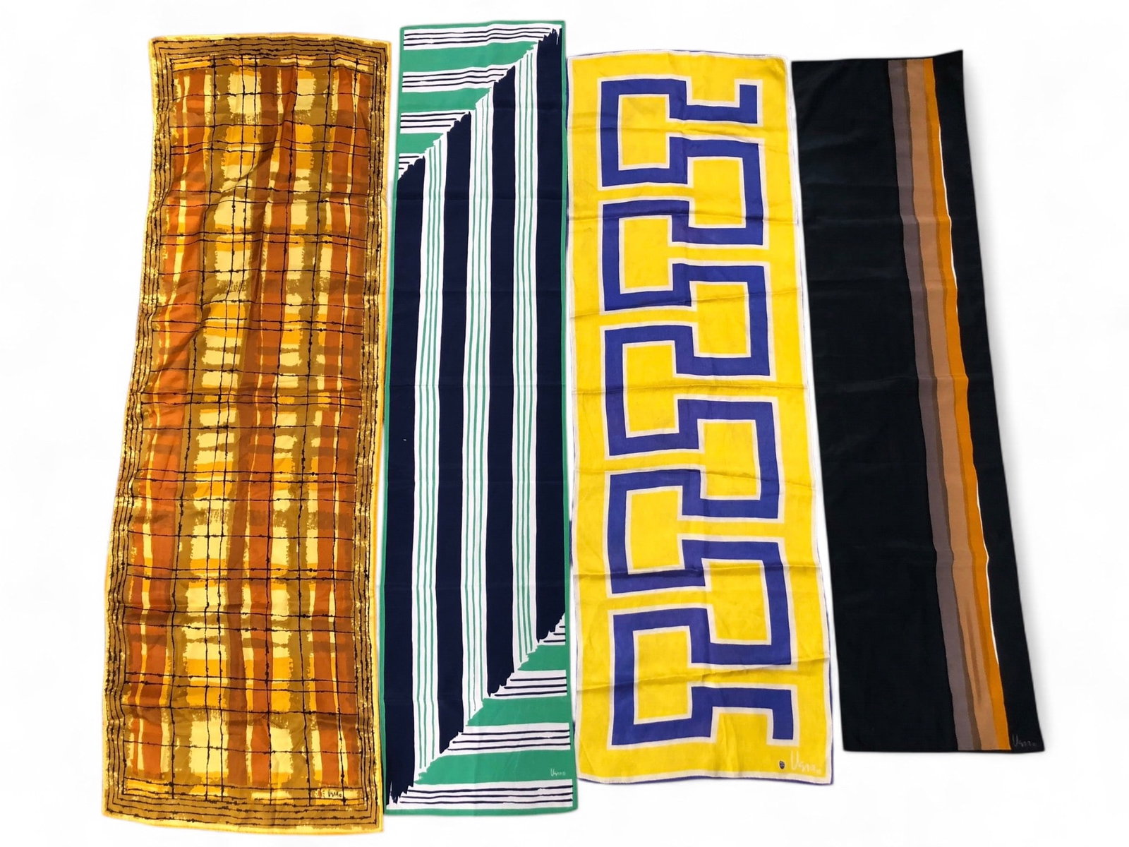 4 Vtg Vera Neumann Rectangular Scarves: 4 vintage Vera Neumann rectangular scarves, featuring various colorful designs. The largest scarf measures 45 x 14.5 inches. Made in Japan, with Vera's signature and ladybug symbol present.