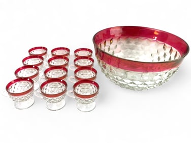 Vtg Indiana Glass Diamond Point Ruby Flash Punch Set
