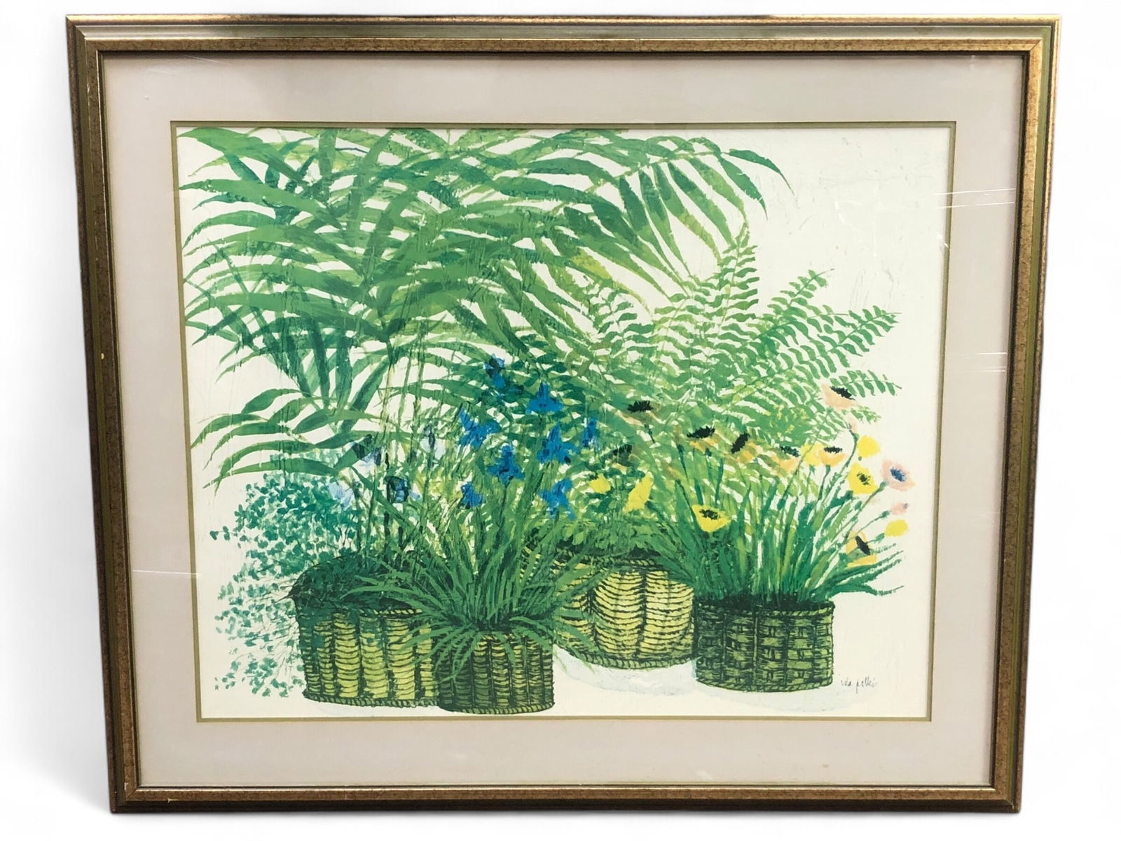 Ida Pellei “Primavera?? Print: Framed print of 'Primavera' by Ida Pellei, showcasing a vibrant botanical composition. Frame measures 38 x 32.25 inches. Label on the back indicates the title and artist's name. Frame from Jacobsson P