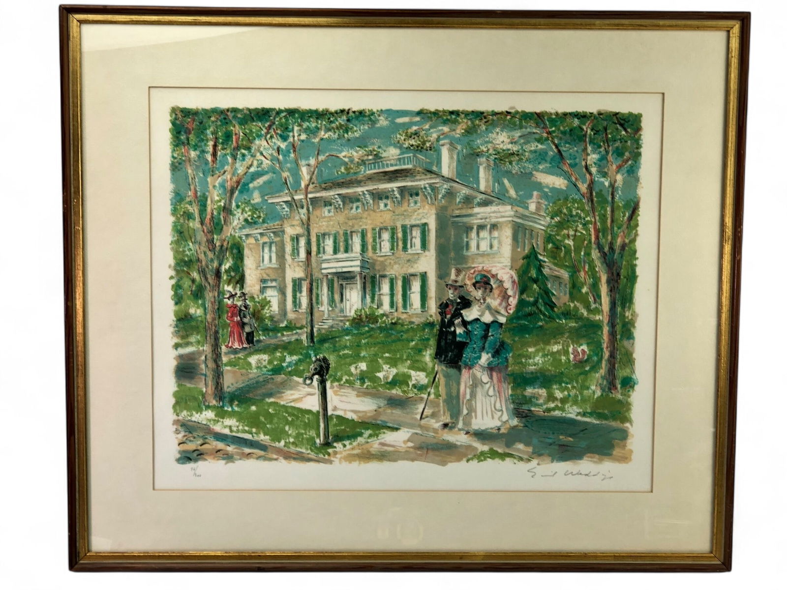 Emil Weddige Pencil Signed & Numbered Litho: Emil Weddige pencil signed & numbered lithograph titled 96/300. Measures 27.25 x 22.75 inches, including the frame. Depicts a scenic view of a colonial-style house with people in period attire. Framed