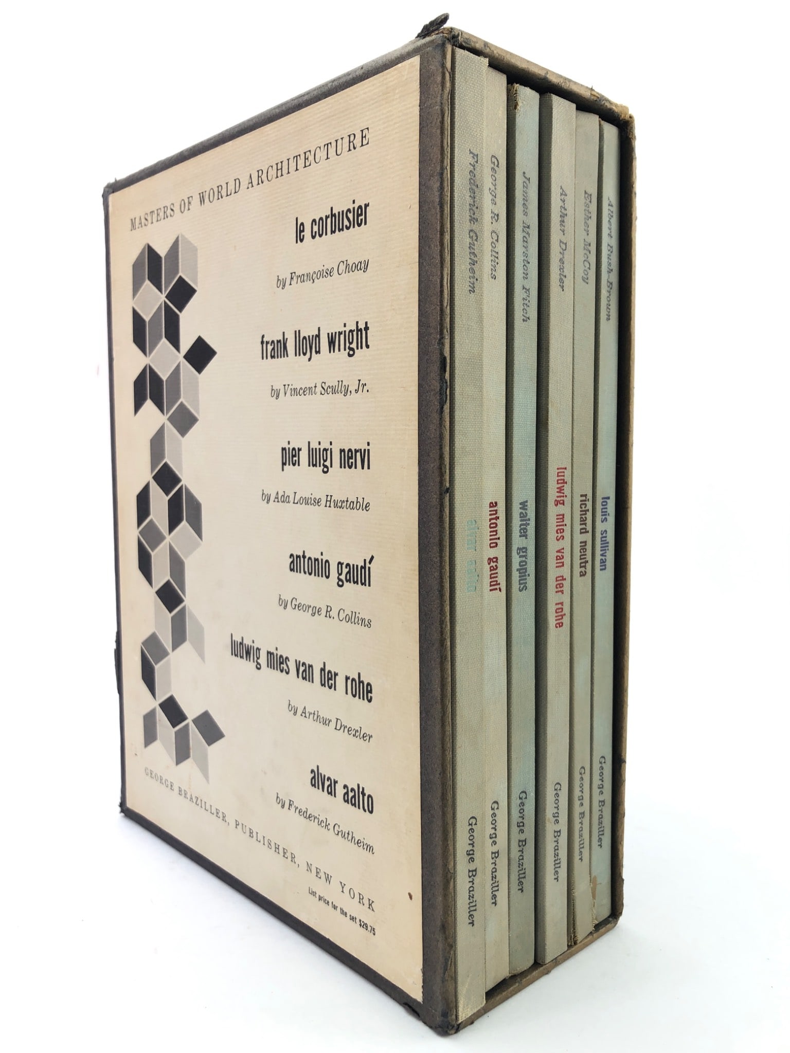 Rare 1960 Masters Of World Architecture Set: Rare 1960 set of "Masters of World Architecture" hardcover books in a slipcase, published by George Braziller, Inc. Includes volumes on Alvar Aalto, Antonio Gaudi, Walter Gropius, Ludwig Mies van der