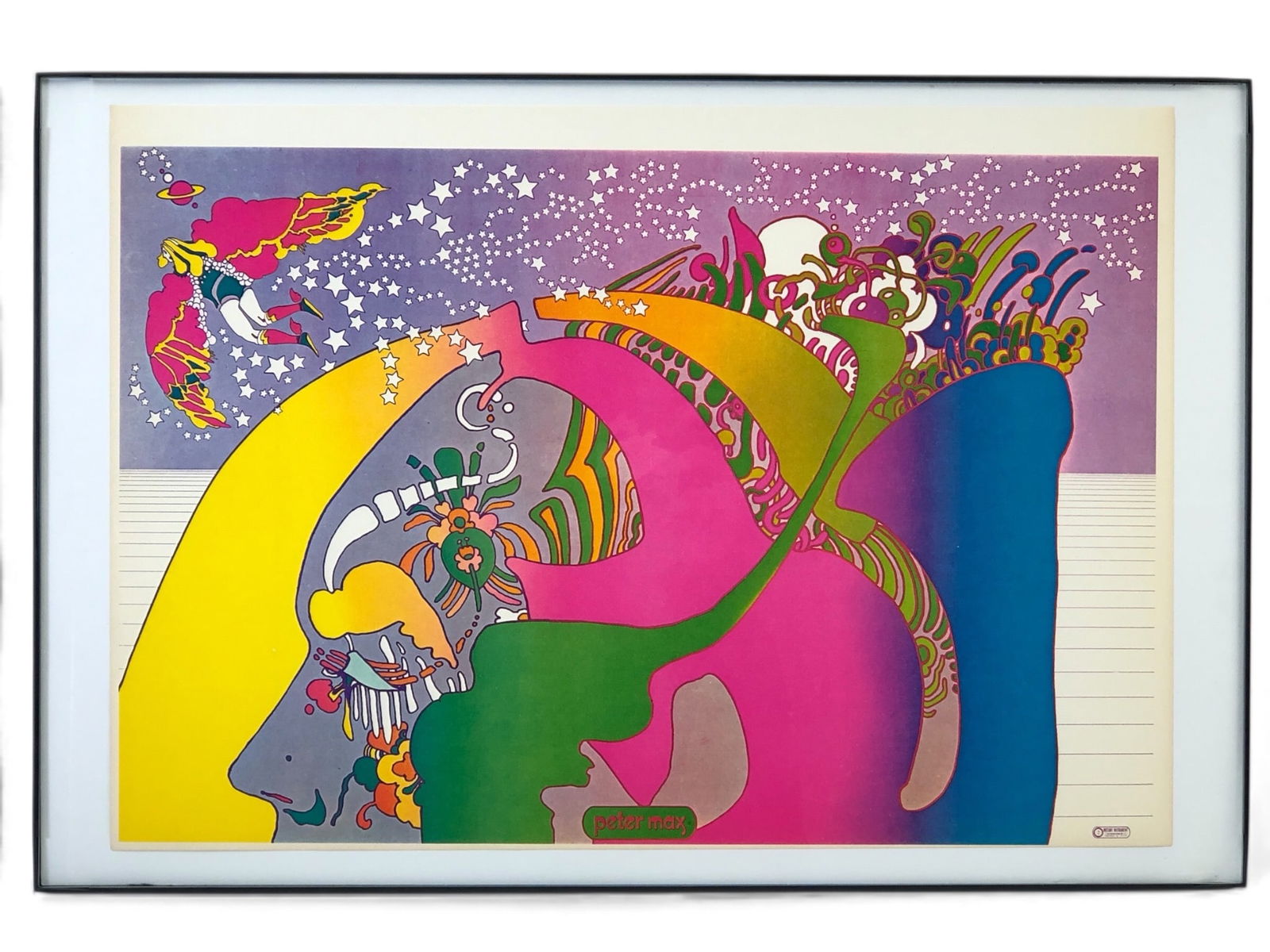 Instant Nutrament #2 Peter Max Poster 1970: Framed Peter Max 1970 Instant Nutrament #2 poster in vibrant colors. Measures 18 x 12 inches with the frame. Features psychedelic imagery and signed 'Peter Max.' Framed in a black frame with hanging h