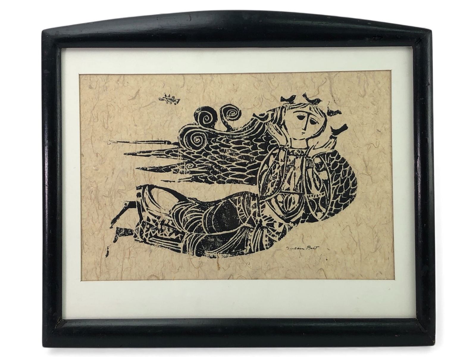 Signed Susan Bolt Woodblock Print 18 5/8 X 16: Signed woodblock print by Susan Bolt (1932-2025), a Charlevoix, MI artist & co-founder of Grange Hall Print & Pottery Shop. Measures 18 5/8 x 16 inches. Mounted in a black wood frame; frame shows corn