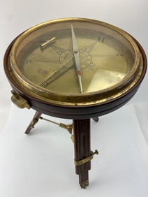 Vintage Nautical Brass and Wood Compass Side Table on Tripod