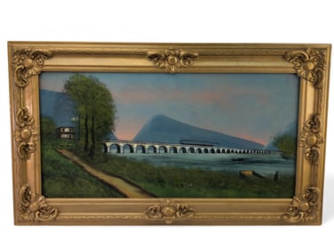 Antique Reverse Glass Painting Rockville Bridge