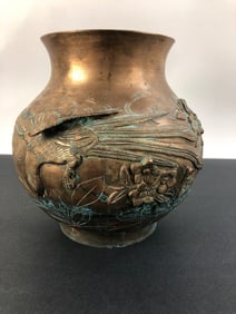 Antique Meiji Period Bronze Vase w Birds & Flowers