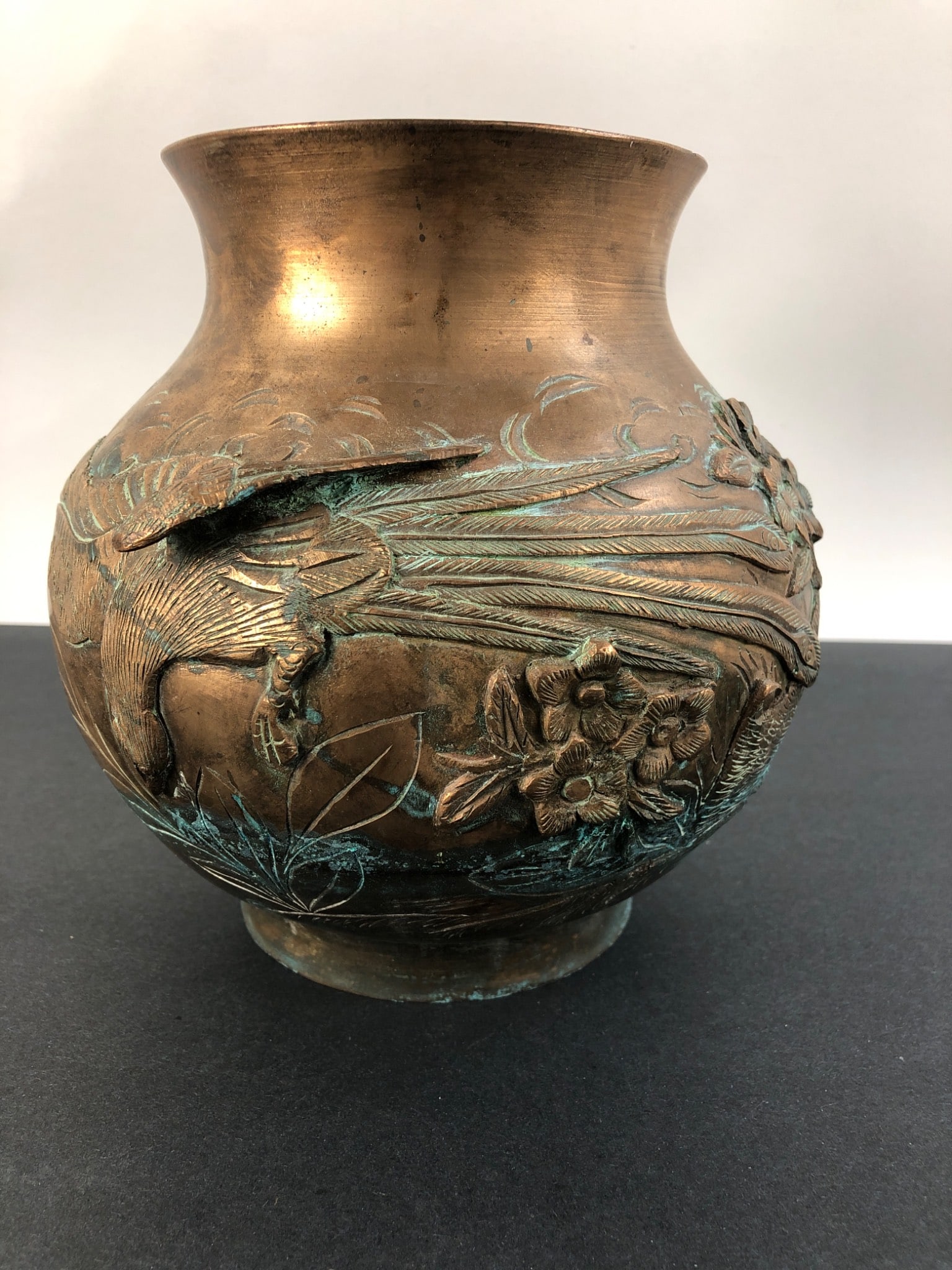 Antique Meiji Period Bronze Vase w Birds & Flowers: Antique Meiji period bronze vase from the 1800s featuring a raised relief design of birds & flowers. Measures 7.5 inches in height. Distinctive patina with visible wear, including some surface imperfe