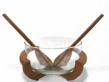 MCM Glass Salad Bowl With Teak Cradle & Utensils
