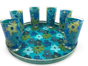 Continental Can Floral Serving Tray & Glasses