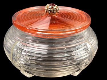 Vtg Art Deco Ribbed Glass Vanity Jar With Red Stone