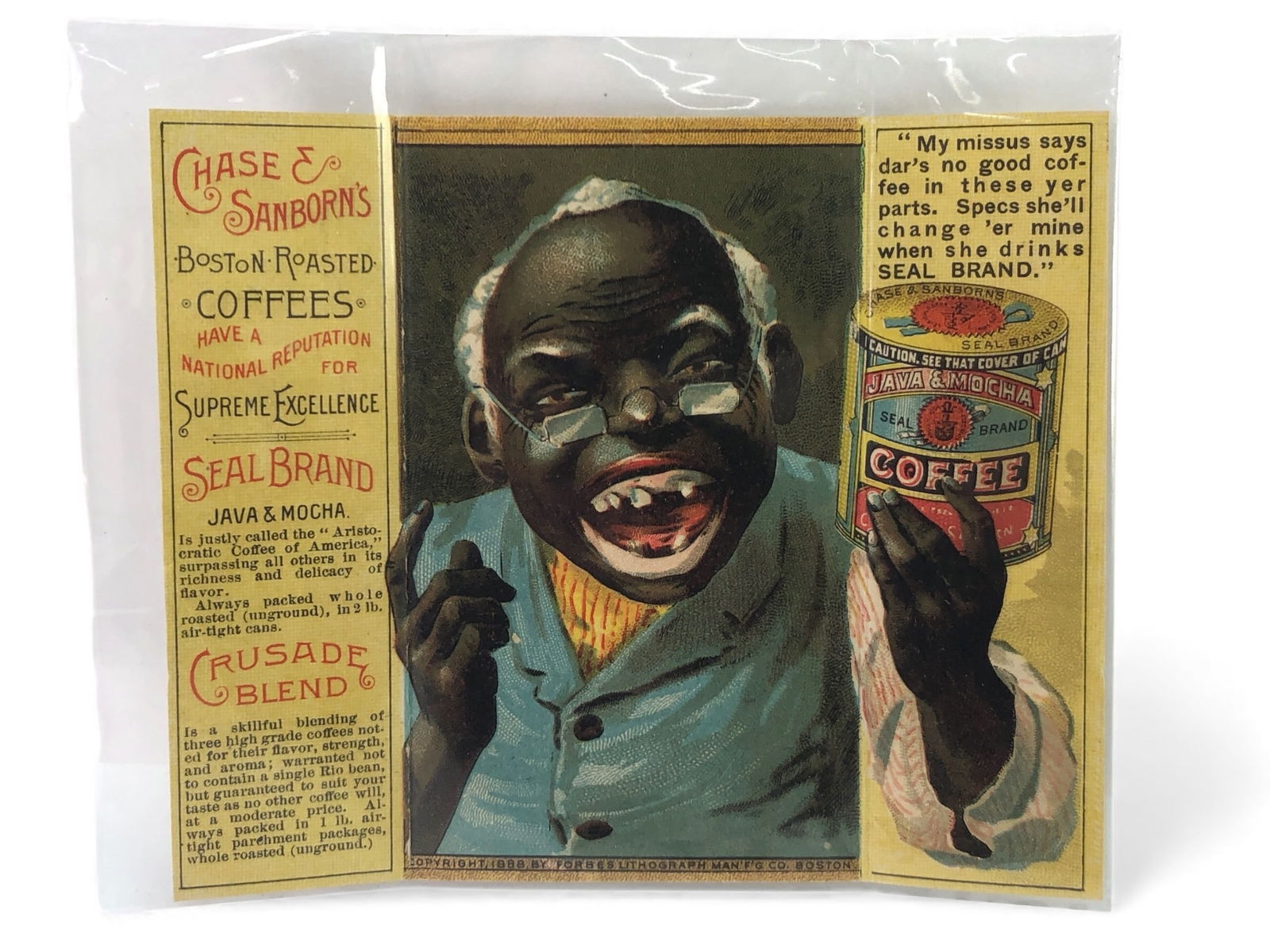 Chase & Sanborn 1888 Black Americana Ad Card: Chase & Sanborn Coffee 1888 Black Americana tri-fold advertising card. Manufactured by Forbes Lithograph Manufacturing Co, Boston. Features Seal Brand Coffee imagery & text. Copyright date of 1888 inc