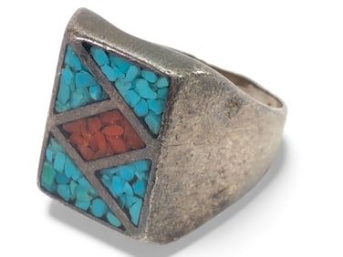Coral & Turquoise Sterling Silver Ring Size 11