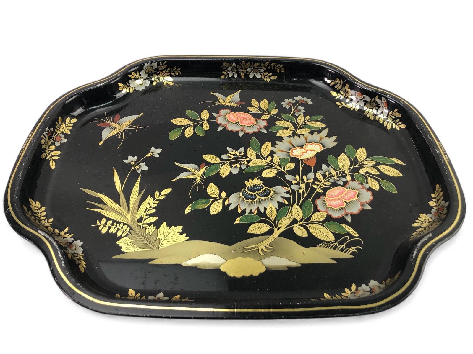 Vtg Metal Floral Mayfly Bugs Tray Made In England: Vintage metal tray featuring floral designs with mayfly bugs on a black background. Made in England, measuring 16.25 inches long. The back shows notable surface wear from age and use.