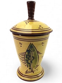 SJ Pottery Redware Lidded Jar With Fish Motif
