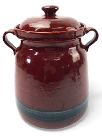 Red Glazed Ceramic Jar With Lid & Handles