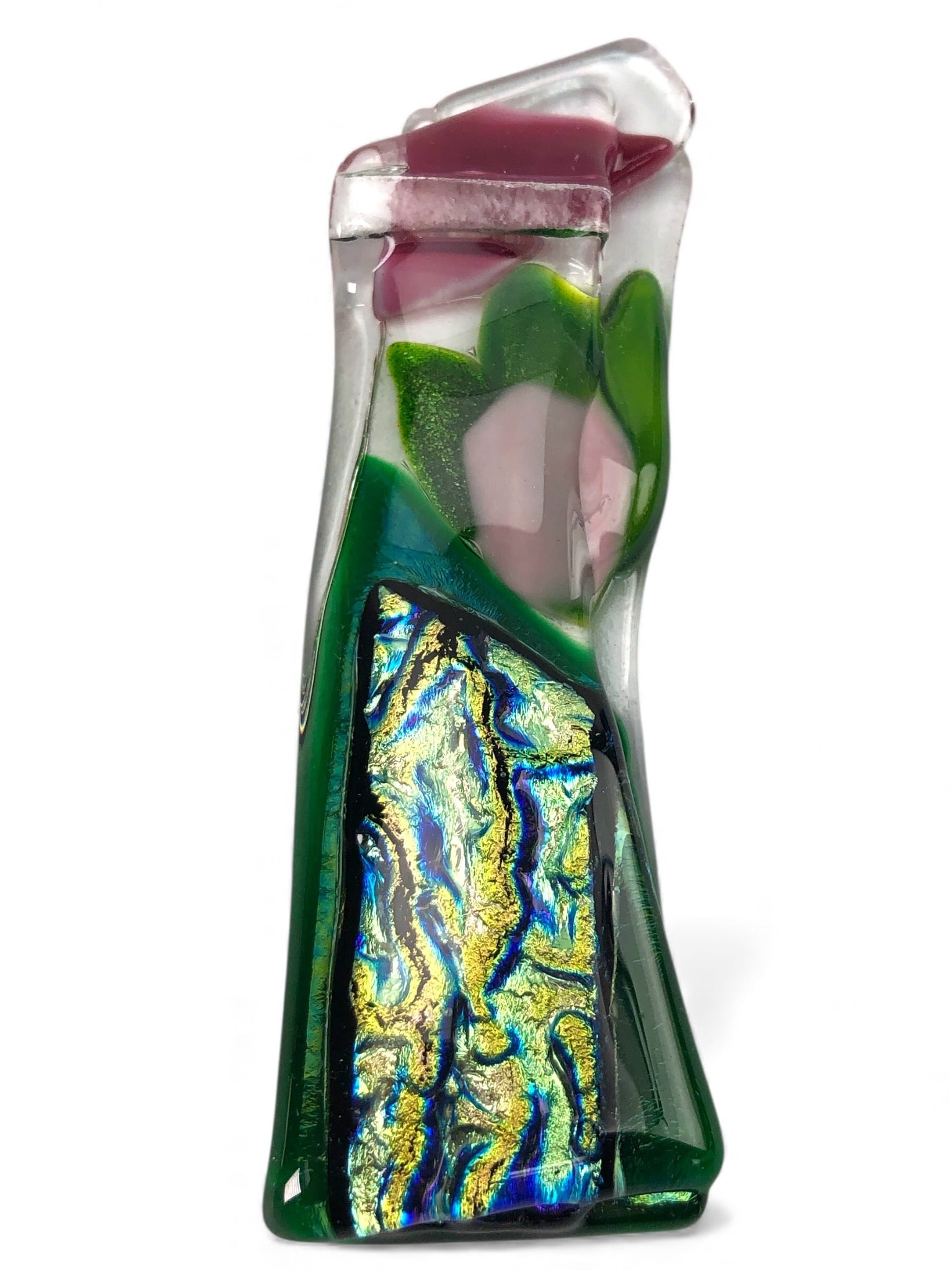 Modern Studio Art Glass Fused Pendant: A fused glass pendant measuring 4 inches long. Features vibrant dichroic inclusions alongside green & pink accents, showcasing modern studio art glass techniques. Perfectly captures layered artistic e