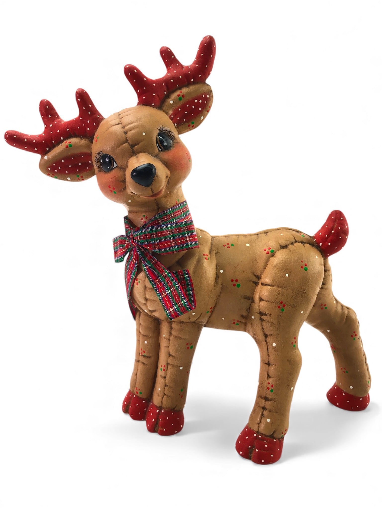 Vtg Kimple Ceramic Christmas Quilted Reindeer: Vintage Kimple ceramic figurine depicting a standing reindeer with a quilted design, hand painted in a holiday theme. Features a plaid bow and festive details. Stands approximately 11 inches tall. No