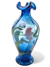 Fenton Twilight Blue Hand Painted Glass Vase