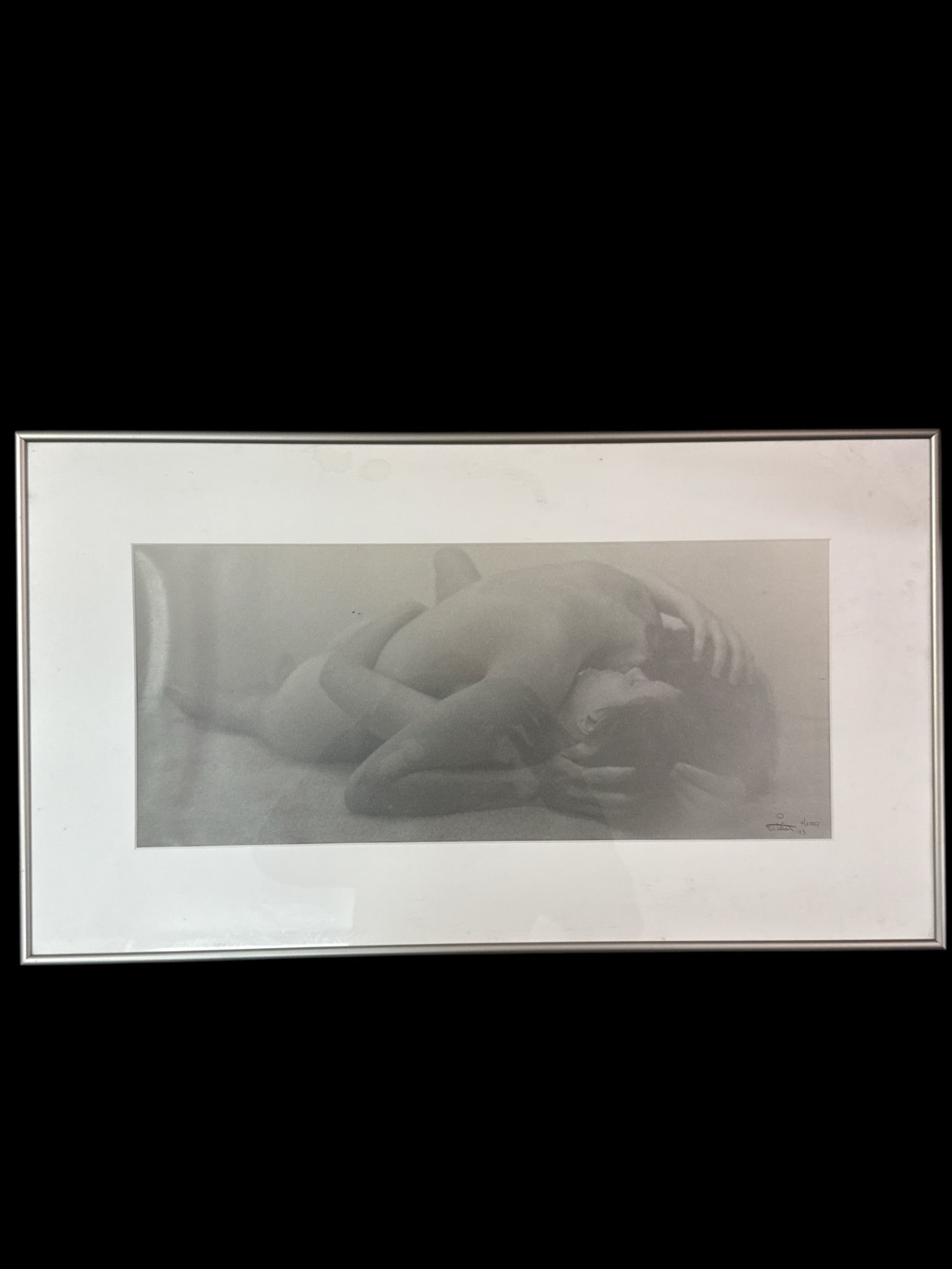 Jack Stoddart Nude Study Limited Edition: Limited edition photographic print titled 'Nude Study' by Jack Stoddart, dated 1993. Signed & numbered 4/250. Framed with wire hangers. Features a black & white depiction of a nude figure. Frame inclu