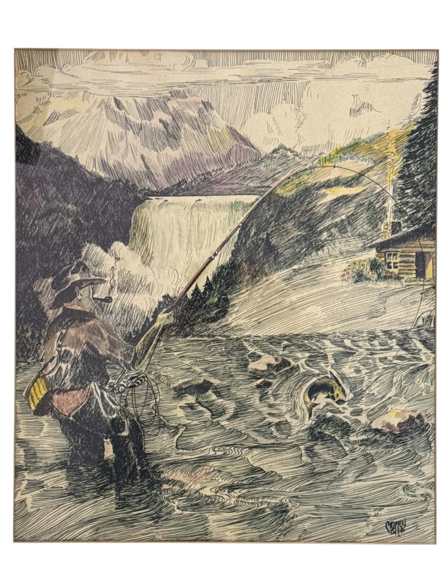 Crippen 1945 Pen & Ink Fly Fishing Artwork (1 of 7)