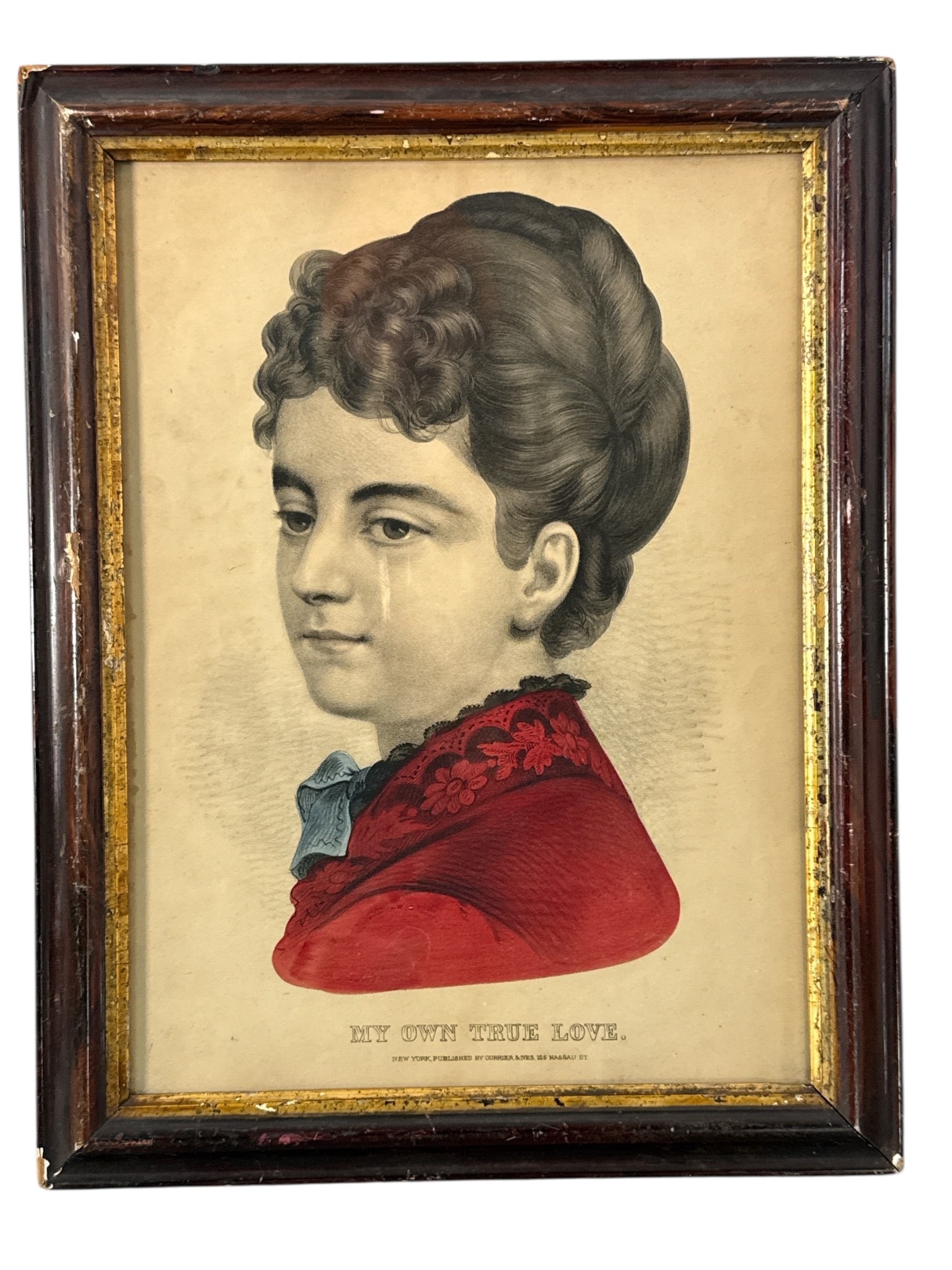 Currier & Ives My Own True Love Litho: Hand-colored lithograph titled "My Own True Love," published by Currier & Ives, 125 Nassau St., New York. Dimensions are 14x18 inches. Housed in a wood frame with visible areas of wear, including chip