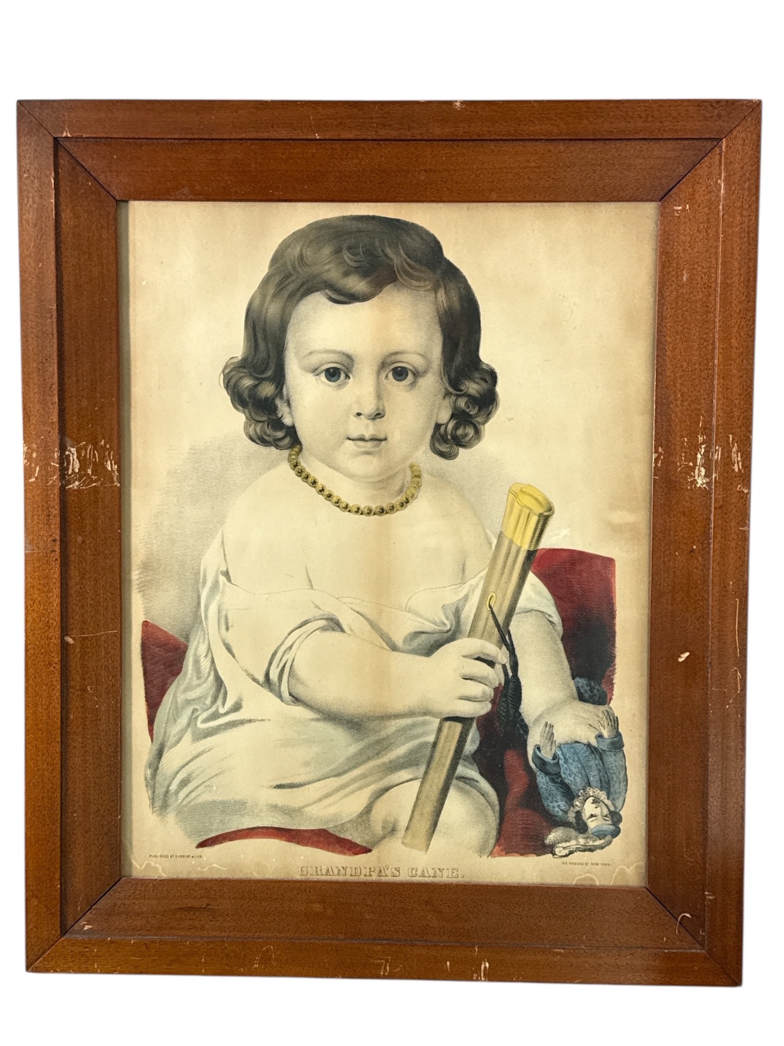 Grandpa’s Cane Lithograph By Currier & Ives: Framed lithograph titled 'Grandpa's Cane' published by Currier & Ives. Frame measures 19.5 x 23.5 inches. Shows light wear to the wooden frame and age-related discoloration to the artwork. Marked 152