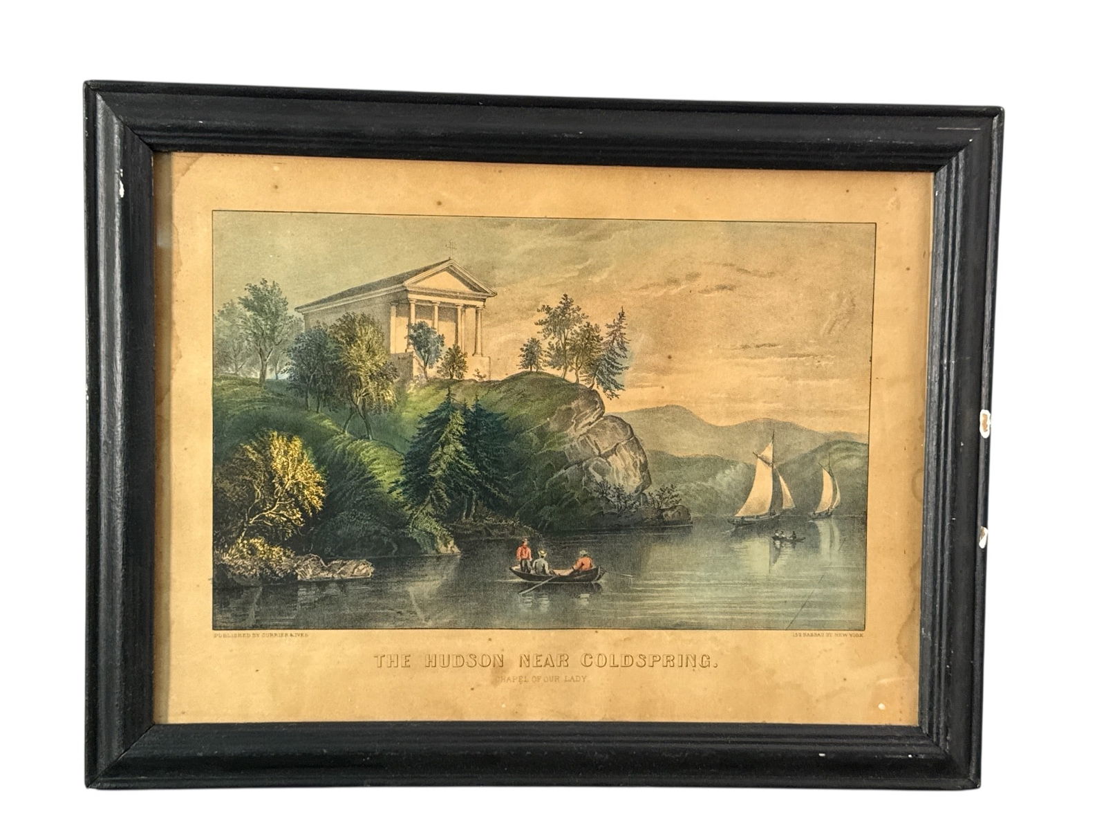 Currier & Ives The Hudson Near Coldspring: Hand-colored lithograph by Currier & Ives titled 'The Hudson Near Coldspring.' Published at 152 Nassau St, New York. Framed under glass in a 17" x 13" black wooden frame with visible wear and paint ch