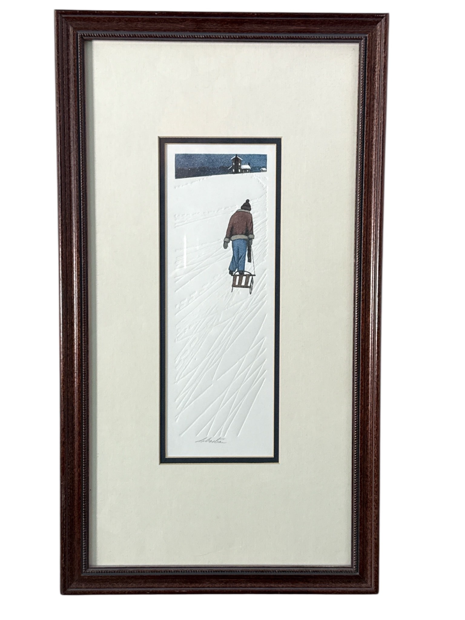 Stephen Sebastian Embossed Etching Night Sledding: Stephen Sebastian embossed etching titled "Night Sledding," pencil signed. Framed dimensions are 19" x 10.5", with the exposed portion of the print measuring 10" x 4". Features a detailed depiction of