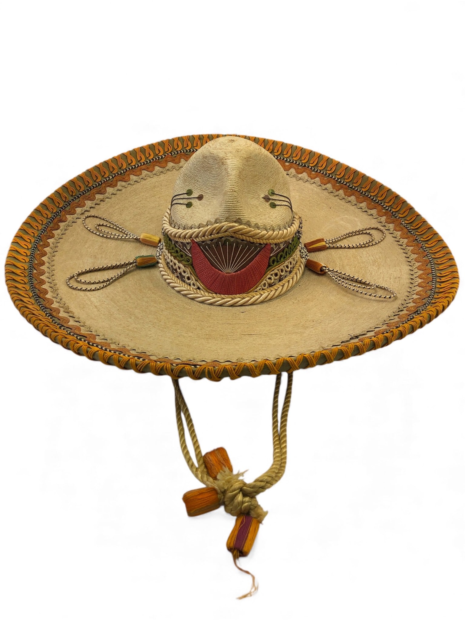 La Industrial Sahuayense Palm Sombrero: Handcrafted sombrero by La Industrial Sahuayense, made from palm with colorful embroidery & braided rope trim. Features a 7.5 x 6.5 inch head hole opening & an approx. 23-inch brim diameter. Inner lin