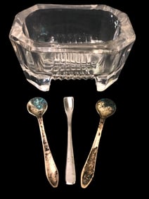 Salt Cellar With Sterling Spoons & Utensil