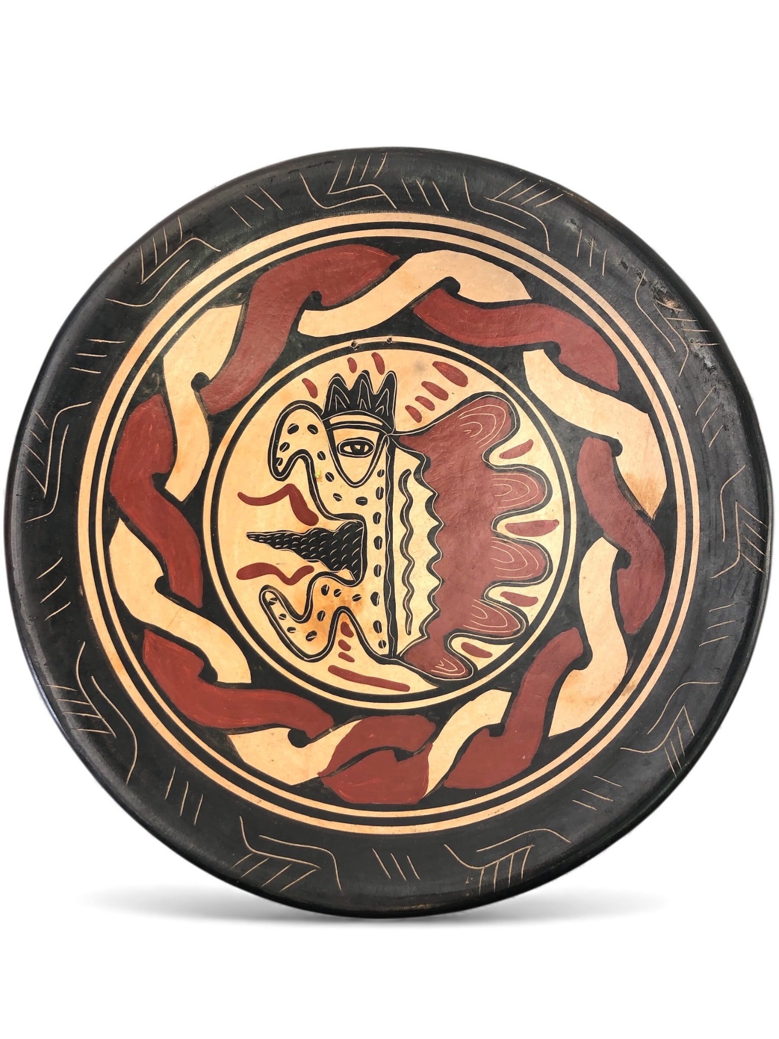 Vtg Ceramic Pre-Columbian Style Cocle Wall Art: Vintage ceramic Cocle-style wall art with a diameter of 12 inches, showcasing bold red, black & natural-toned structural design with animal-inspired motifs. Includes a pre-attached backstring for wall