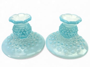 2 Vtg Fenton Style Aqua Blue Opalescent Hobnail Candle Holders