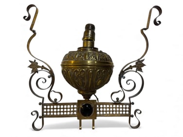Brass Ornate Lamp Fixture With Scrollwork & Gem