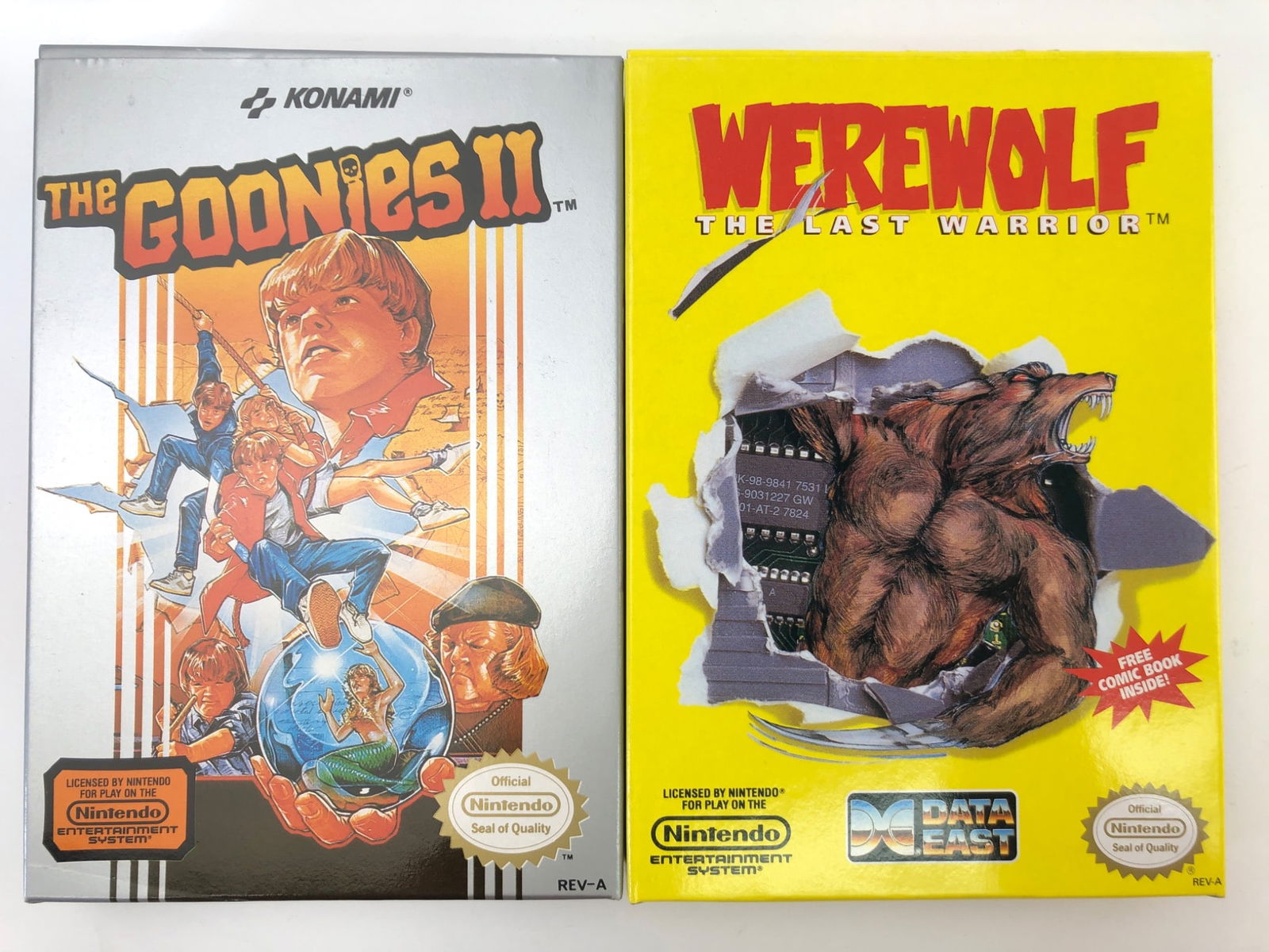 Werewolf The Last Warrior & The Goonies II NES Games: Two NES video games: 'Werewolf The Last Warrior' by Data East (1990) & 'The Goonies II' by Konami (1987). Both include original boxes, instruction manuals & cartridges. Games show evidence of light us